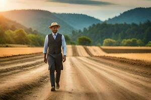 un hombre en un traje y sombrero camina abajo un suciedad la carretera. generado por ai foto