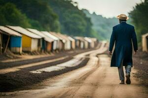 un hombre en un traje y sombrero camina abajo un suciedad la carretera. generado por ai foto