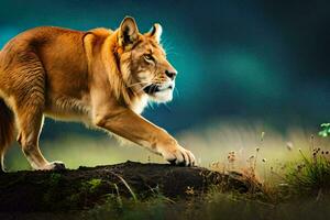 a lion walking across a grassy field. AI-Generated photo