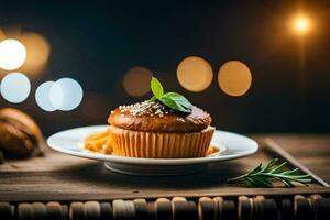 a cupcake on a plate with a candle and spices. AI-Generated photo