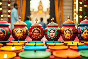 many colorful pots with faces on them are on display. AI-Generated photo