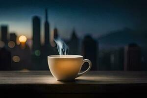 a cup of coffee on a table in front of a cityscape. AI-Generated photo