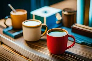 Tres café tazas en un de madera mesa. generado por ai foto