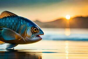 un pescado es en pie en el playa a puesta de sol. generado por ai foto