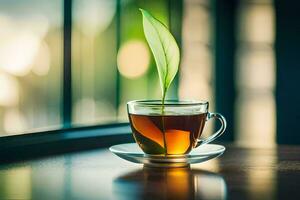 a cup of tea with a green leaf. AI-Generated photo