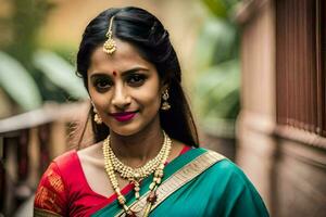 a beautiful indian woman wearing a sari and jewelry. AI-Generated photo