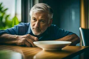 an older man sits at a table with a bowl of food. AI-Generated photo