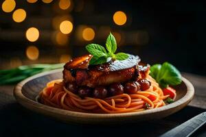 a plate of spaghetti with meat and vegetables. AI-Generated photo