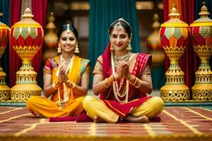 two women in traditional indian attire sitting on the floor. AI-Generated photo