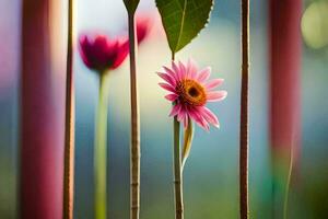 rosado flor en un bambú marco con verde hojas. generado por ai foto