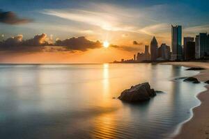 the sun sets over the city skyline in abu dhabi. AI-Generated photo