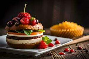 a hamburger with berries and strawberries on top. AI-Generated photo