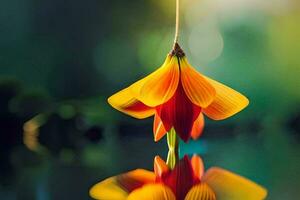 a flower hanging from a string with a reflection in the water. AI-Generated photo