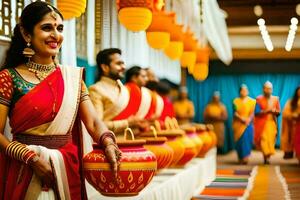 un mujer en un sari es participación un maceta. generado por ai foto