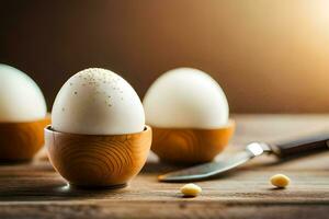 three eggs in wooden bowls with a knife. AI-Generated photo