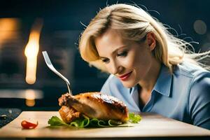 a woman is eating a chicken on a cutting board. AI-Generated photo