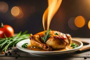 a chicken is being cooked on a plate with herbs and spices. AI-Generated photo