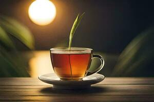 a cup of tea on a wooden table. AI-Generated photo