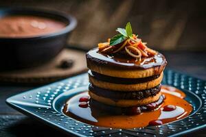 a stack of pancakes with sauce and syrup. AI-Generated photo
