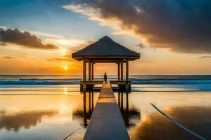 the gazebo at sunset on the beach. AI-Generated photo