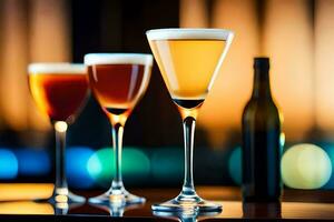three glasses of different colored drinks on a bar. AI-Generated photo