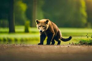 a brown bear walking on a road in the forest. AI-Generated photo