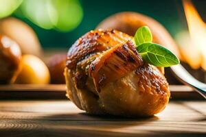 a piece of chicken on a wooden cutting board with a fork. AI-Generated photo