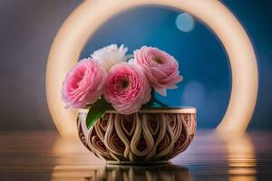 pink flowers in a vase on a table. AI-Generated photo