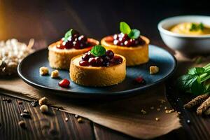 three mini cheesecakes with cranberries and herbs on a black plate. AI-Generated photo