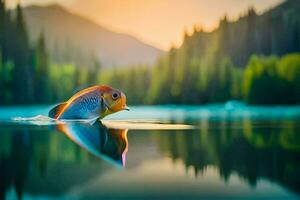 un pescado nadando en un lago con un montaña en el antecedentes. generado por ai foto