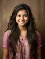 Smiling young woman of Indian descent against neutral background AI Generative photo