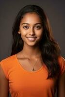 Smiling young woman of Indian descent against neutral background AI Generative photo