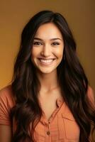 Smiling young woman of Indian descent against neutral background AI Generative photo