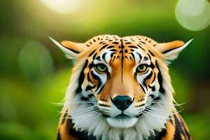 a tiger is looking at the camera in a green background. AI-Generated photo