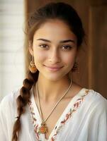 Smiling young woman of Indian descent against neutral background AI Generative photo