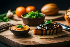 a piece of meat on a cutting board with a bowl of sauce. AI-Generated photo