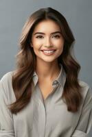 Smiling young woman of Indian descent against neutral background AI Generative photo