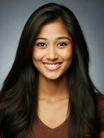 Smiling young woman of Indian descent against neutral background AI Generative photo