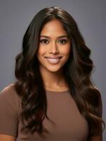 Smiling young woman of Indian descent against neutral background AI Generative photo