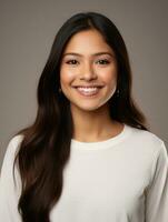 Smiling young woman of Indian descent against neutral background AI Generative photo