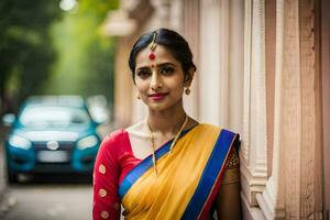 a woman in a yellow and red sari. AI-Generated photo