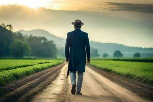 un hombre en un traje y sombrero caminando abajo un suciedad la carretera. generado por ai foto