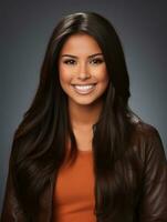 Smiling young woman of Indian descent against neutral background AI Generative photo