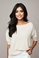 Smiling young woman of Indian descent against neutral background AI Generative photo