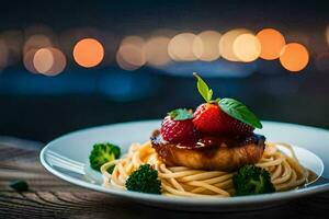 a plate of spaghetti with strawberries and a steak. AI-Generated photo