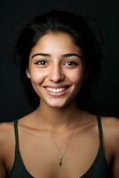 sonriente joven mujer de indio descendencia en contra neutral antecedentes ai generativo foto