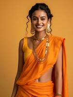 sonriente joven mujer de indio descendencia en contra neutral antecedentes ai generativo foto