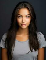 Smiling young woman of Indian descent against neutral background AI Generative photo