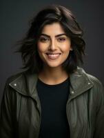 Smiling young woman of Indian descent against neutral background AI Generative photo