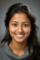 Smiling young woman of Indian descent against neutral background AI Generative photo